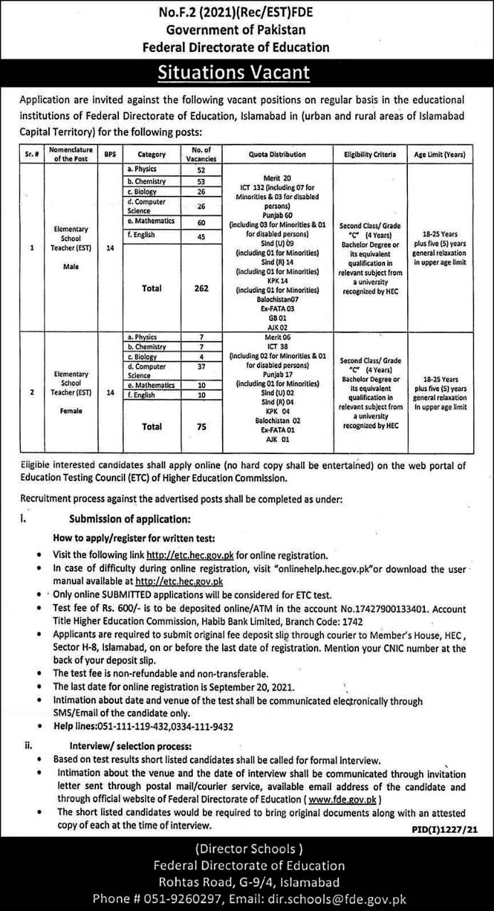 federal directorate of education islamabad jobs
