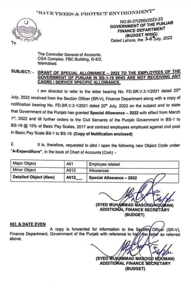 Grant of Special Allowance 2022 Punjab Code