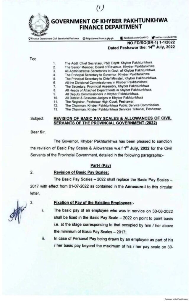 Revision Of Basic Pay Scales KPK 2022 and Chart